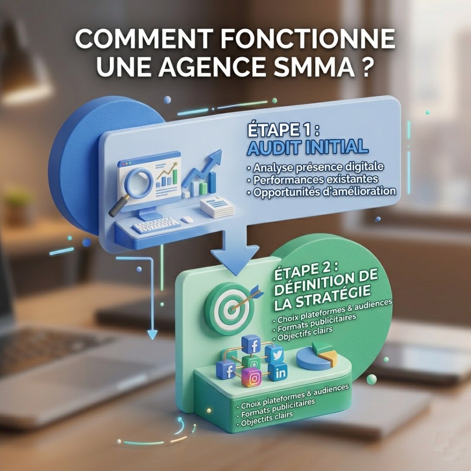 Schéma 3D illustrant l'audit initial et la définition de la stratégie d'une agence SMMA.