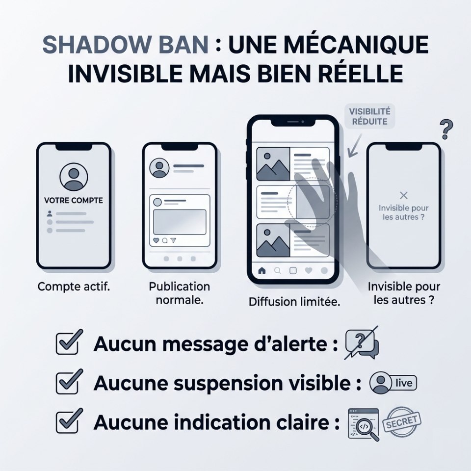 Infographie explicative sur le shadow ban : comparaison entre la vue de l'utilisateur (compte actif) et la vue du public (visibilité réduite et contenu invisible), illustrant un blocage silencieux.
