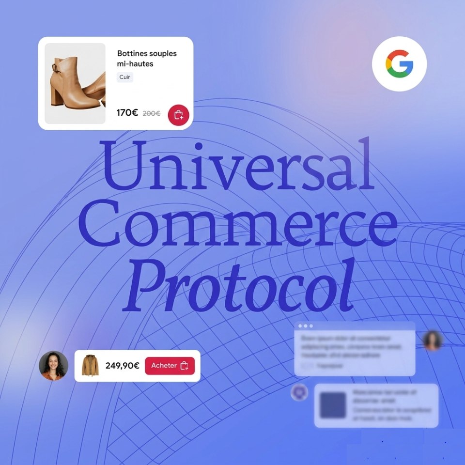 Graphisme bleu "Universal Commerce Protocol" avec logo Google et fiches produits.