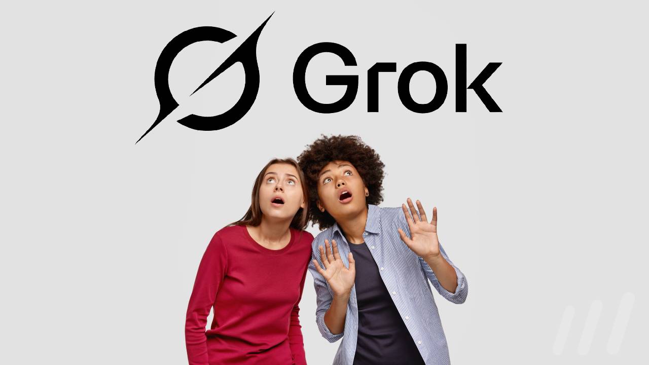 Deux personnes stupéfaites en regardant le logo de Grok