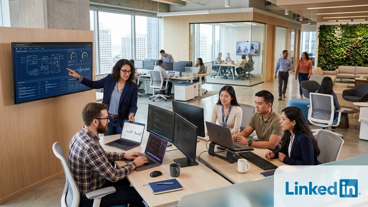 Une équipe travaillant sur un projet avec le logo de LinkedIn au coin