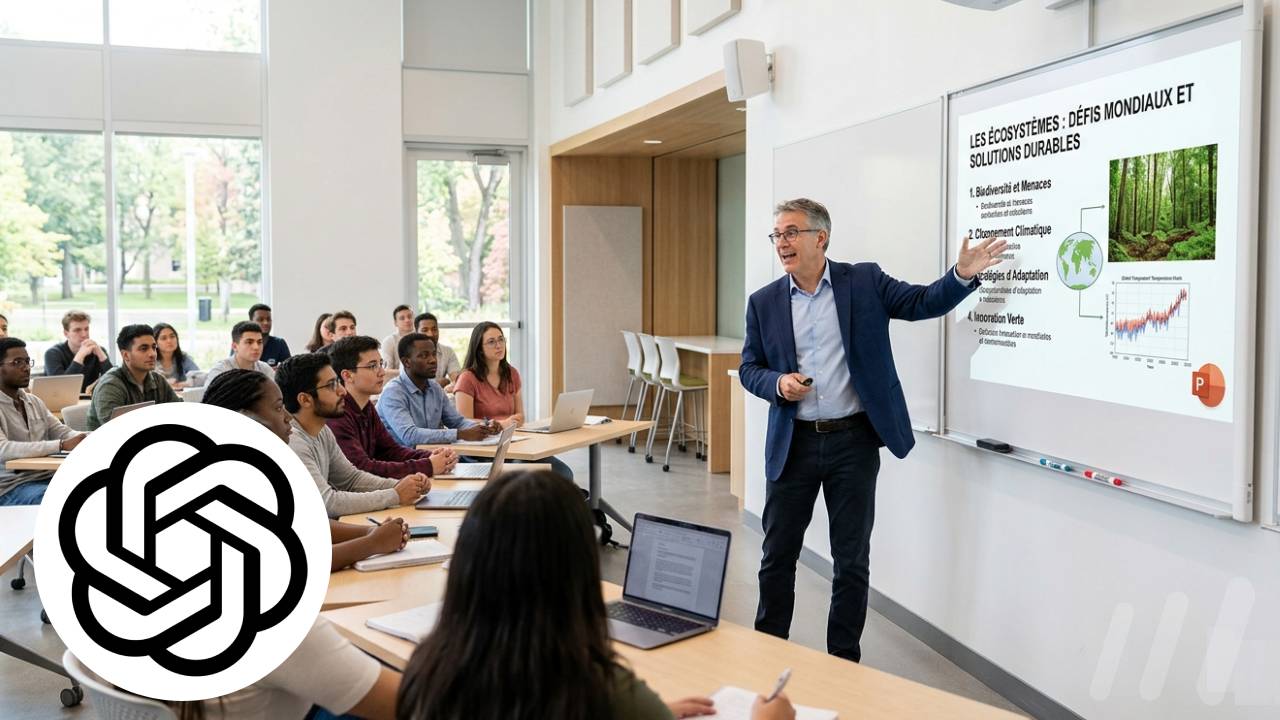 Un cours universitaire où le professeur explique sa présentation PowerPoint, avec le logo de ChatGPT dans un coin.