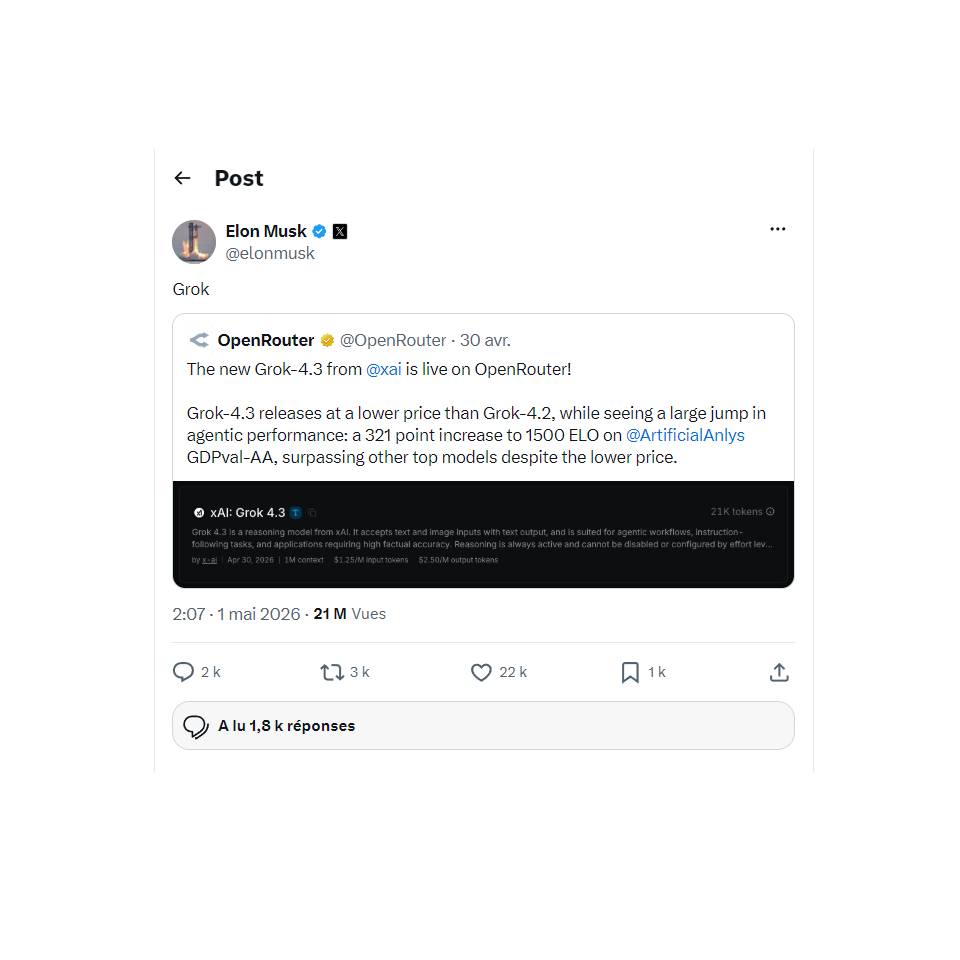 Annonce Grok 4.3 par Elon Musk sur X
