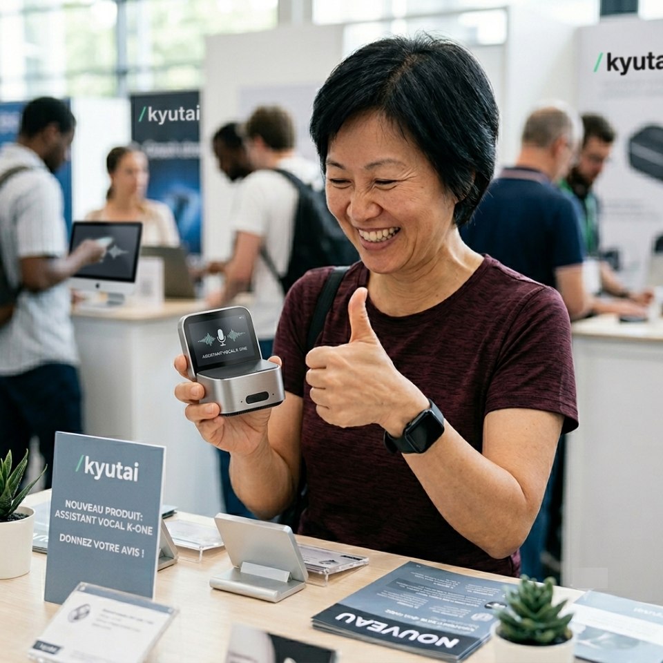 une persone affichant un avis positif sur les produis de kyutai