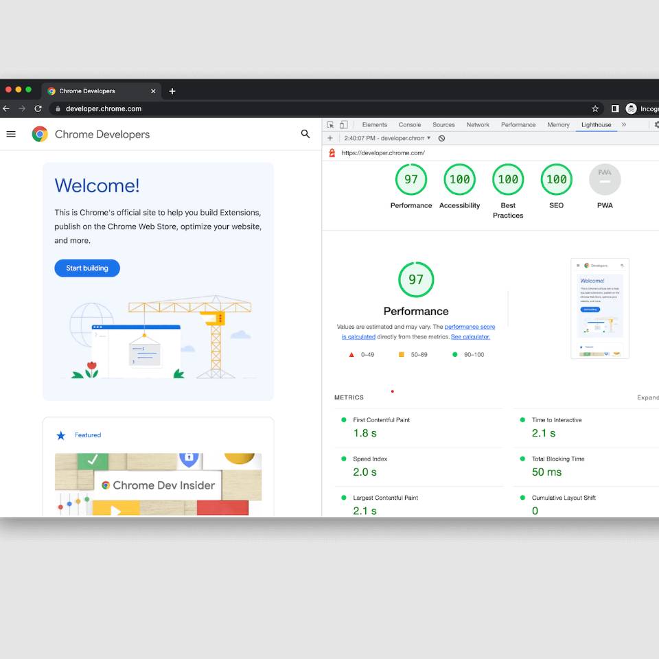 Interface de Lighthouse de Google