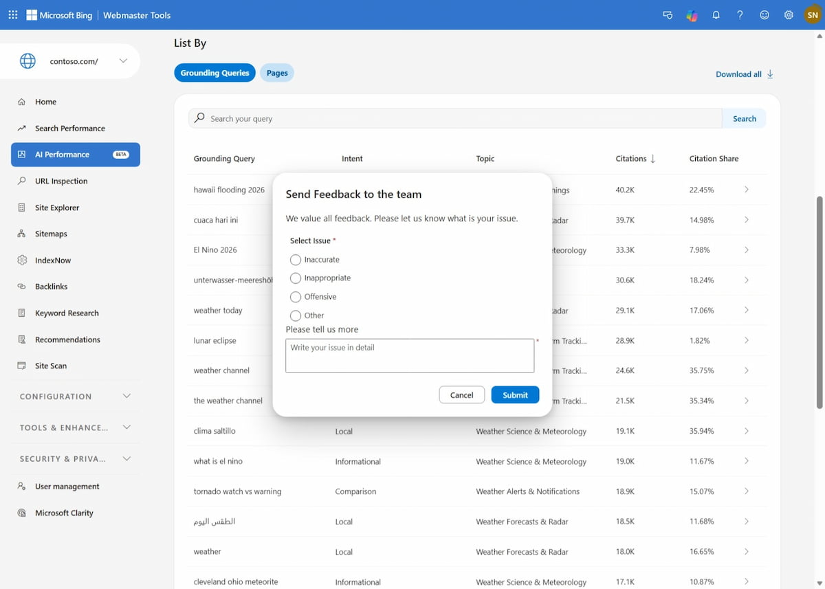 Intégrer du feedback dans Bing Webmaster Tools