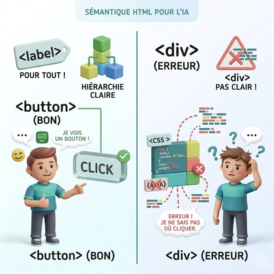 Schéma comparant un vrai bouton HTML natif et une balise div stylisée.