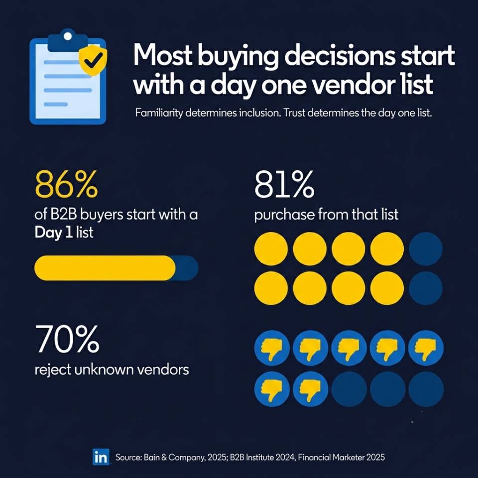Infographie LinkedIn montrant que 86 % des acheteurs B2B commencent avec une liste initiale ("Day 1 list"), 81 % achètent via cette liste et 70 % rejettent les vendeurs inconnus.