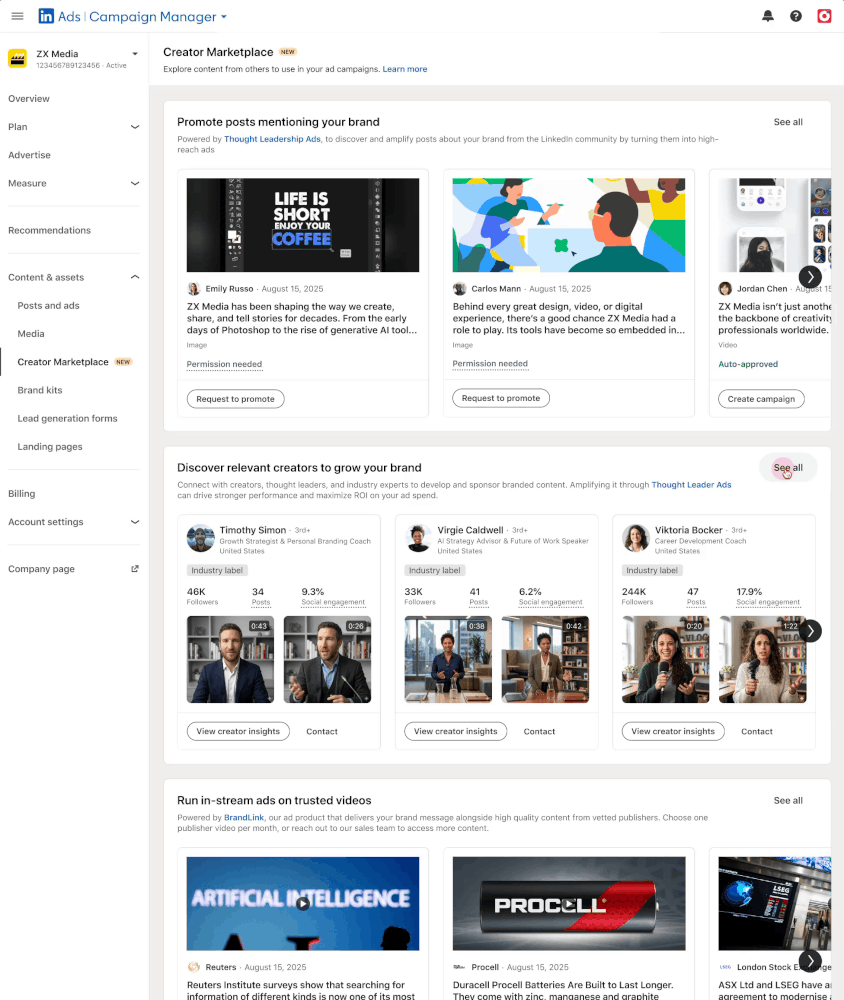 Aperçu de la nouvelle Creator Marketplace de LinkedIn