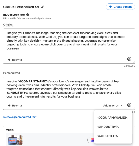 Aperçu de l'interface de configuration de la personnalisation des campagnes LinkedIn Ads