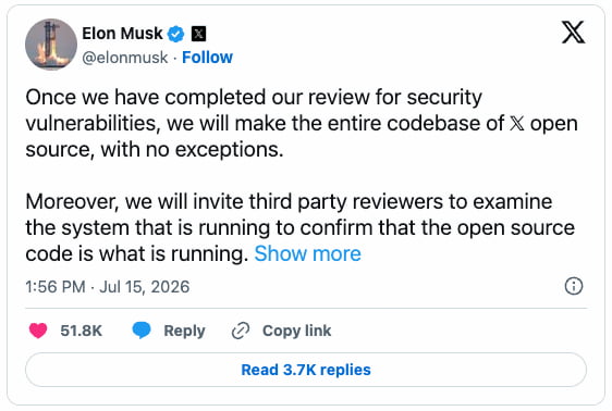 Annonce d'Elon Musk concernant le fait de rendre le code source de X entièrement accessible publiquement