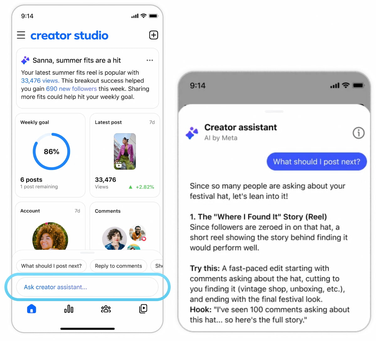Assistant IA intégré à la nouvelle application Facebook Creator Studio