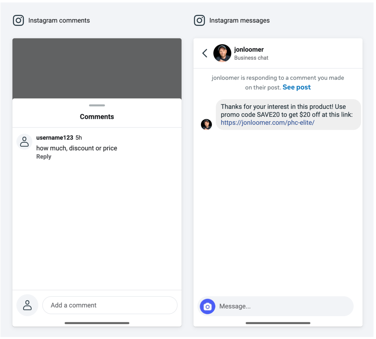 Aperçu "reply to keywords" - Instagram