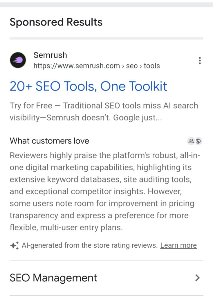 Aperçu de la fonctionnalité "What customers love" sur Google Ads