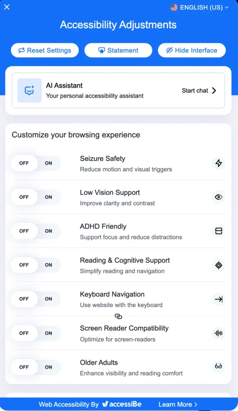 Panneau visiteur accessWidget : assistant IA et profils épilepsie, basse vision, TDAH, cognitif, clavier, lecteur d'écran et seniors