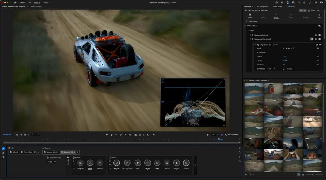 Adobe Premiere en mode Couleur avec moniteur de programme, courbe d'étalonnage, panneau Propriétés et chutier de plans