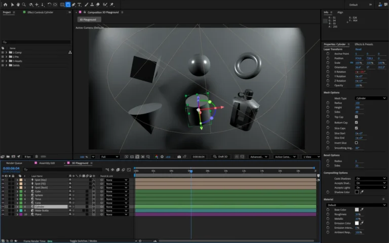 Composition 3D dans After Effects avec maillages paramétriques, panneau des propriétés du cylindre et timeline des calques