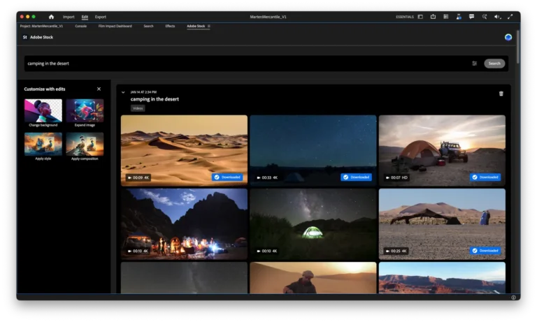 Panneau Adobe Stock intégré à Premiere avec recherche de vidéos, aperçus 4K et options d'édition générative
