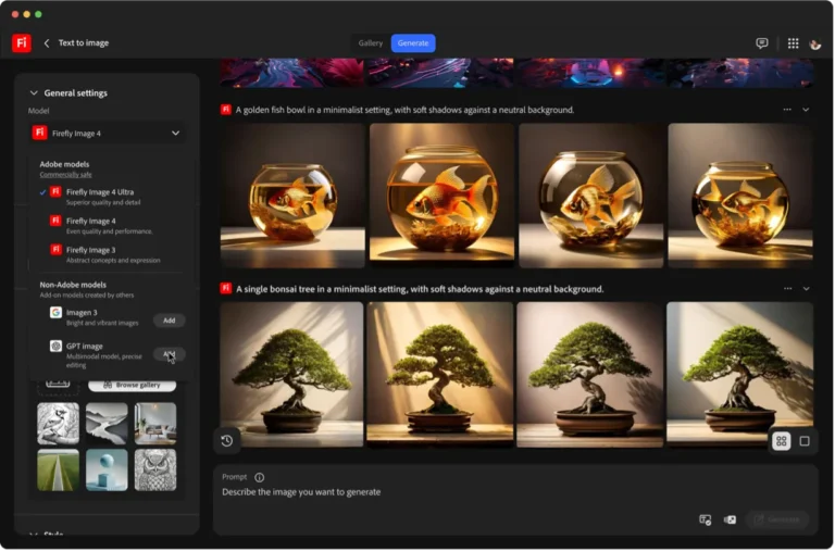 Application Adobe Firefly en mode Texte vers image avec choix entre modèles Adobe et modèles partenaires