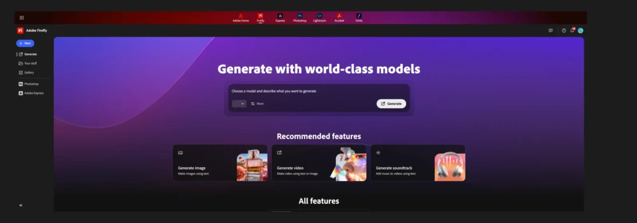 Accueil de l'application web Adobe Firefly avec zone de prompt, choix du modèle et raccourcis vers image, vidéo et bande-son