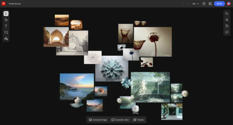 Canevas Firefly Boards rassemblant des images générées en moodboard, avec boutons Générer une image, Générer une vidéo et Préréglages