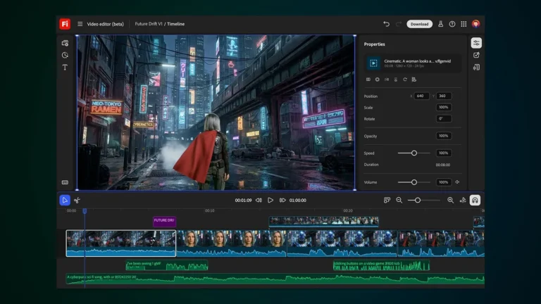 Éditeur vidéo Firefly en bêta avec aperçu du plan, panneau Propriétés et timeline à plusieurs pistes vidéo et audio
