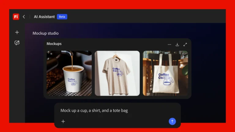 Firefly AI Assistant en bêta générant des maquettes de gobelet, t-shirt et tote bag à partir d'une seule consigne
