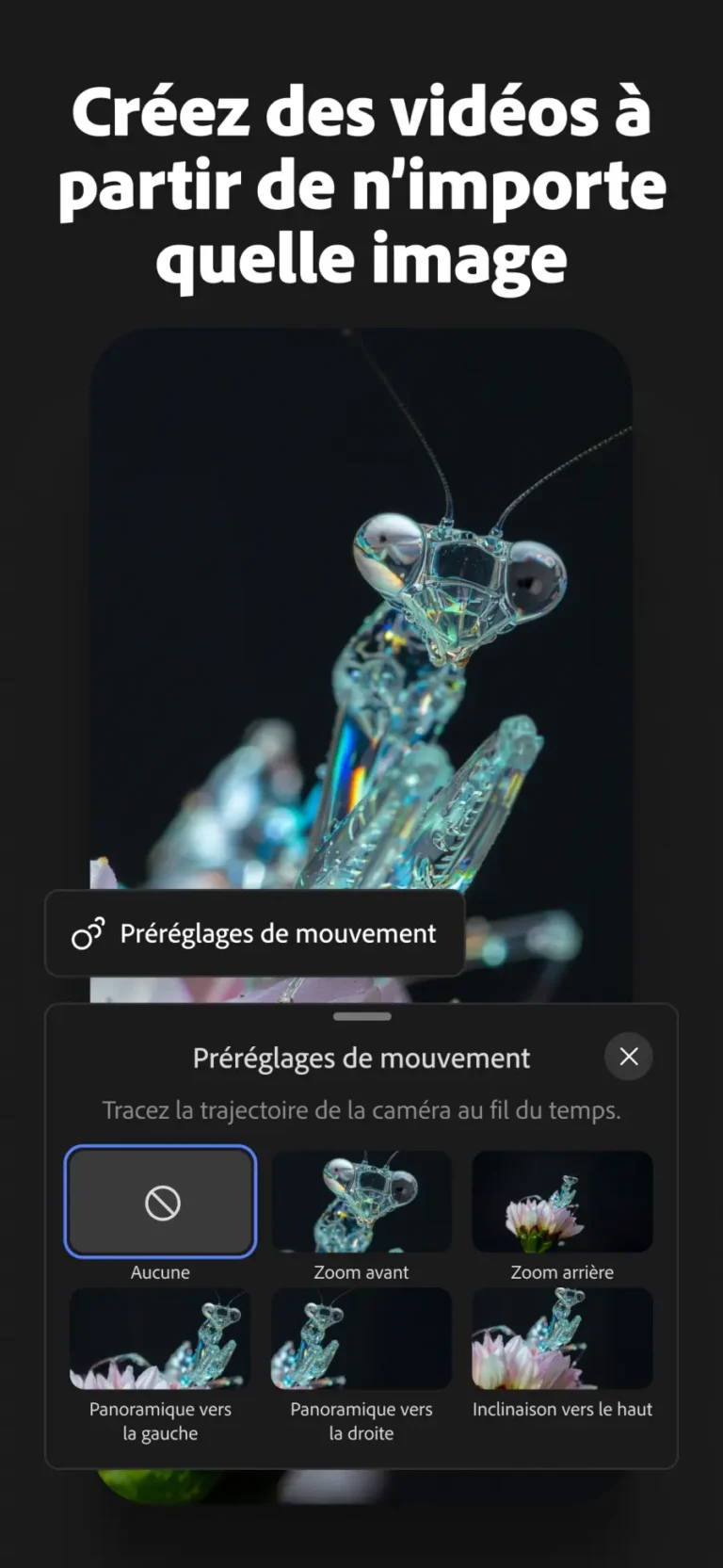 Application mobile Adobe Firefly en français avec le panneau Préréglages de mouvement pour animer une image en vidéo