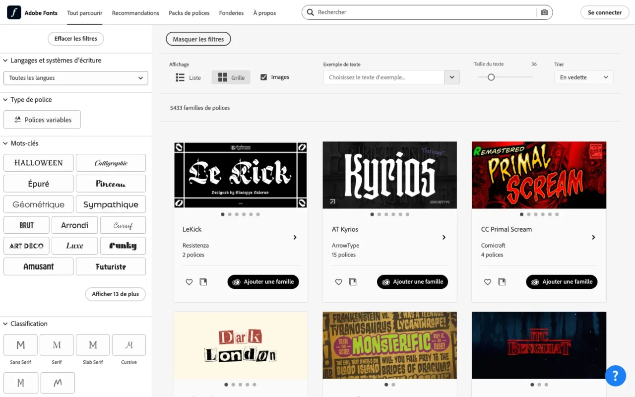 Catalogue Adobe Fonts en français avec filtres par langue, mots-clés et classification, et grille de familles de polices