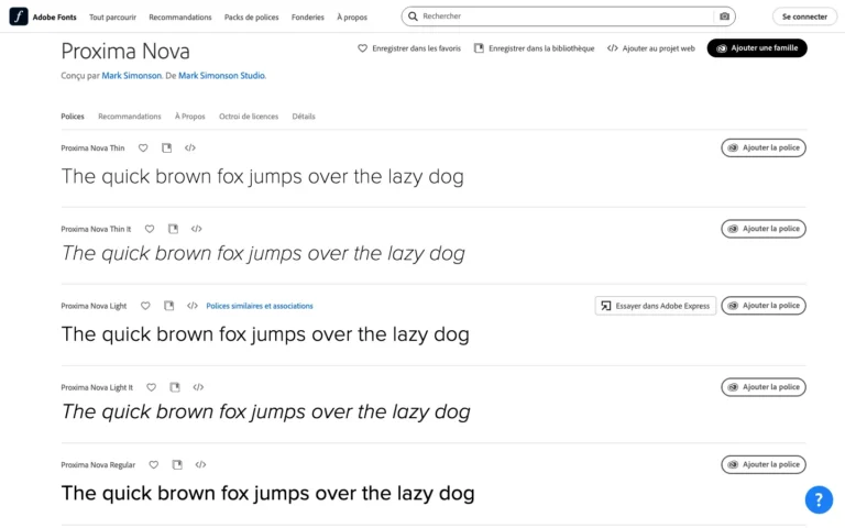 Page de la famille Proxima Nova sur Adobe Fonts avec les graisses, les boutons Ajouter la police et Ajouter au projet web