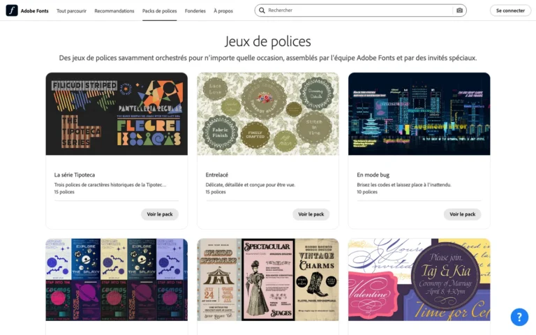 Page Jeux de polices d'Adobe Fonts présentant des packs thématiques avec le nombre de polices et un bouton Voir le pack