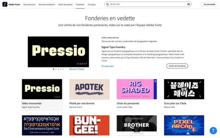 Page Fonderies en vedette d'Adobe Fonts avec la présentation d'une fonderie partenaire et une grille de vitrines thématiques