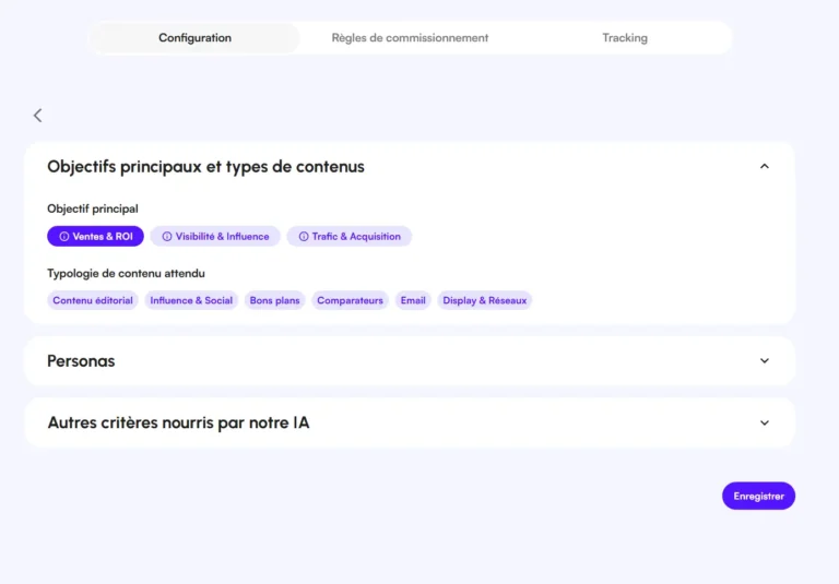 Configuration de Match AI dans Affilae : objectif principal du programme et typologie de contenus attendus