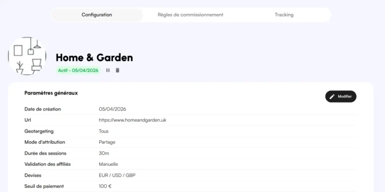 Page Configuration d'un programme Affilae : mode d'attribution, validation des affiliés, devises et seuil de paiement