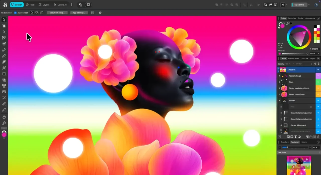 Studio Vecteur d'Affinity avec une illustration de portrait fleuri, la roue chromatique et le panneau des calques à droite