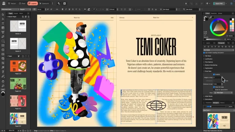 Studio Mise en page d'Affinity avec une double page de magazine, la liste des pages maîtres et le panneau Paragraphe