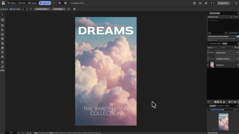 Onglet Canva AI dans Affinity avec le panneau Generate Image, le choix image ou vecteur et l'historique de génération