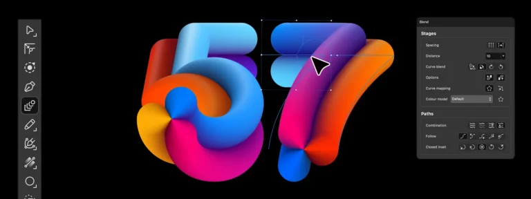 Outil Fusion d'Affinity créant un chiffre 57 en volume, avec le panneau Blend et ses réglages d'étapes et de tracés