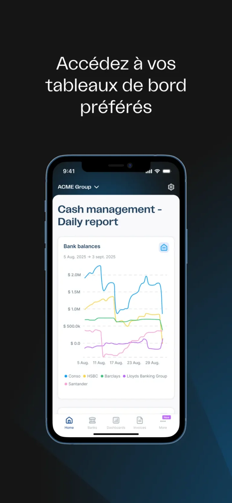 Application mobile Agicap affichant un tableau de bord quotidien des soldes bancaires par établissement