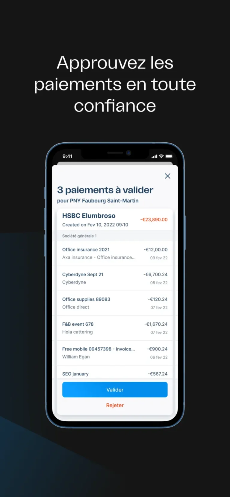 Application mobile Agicap listant trois paiements fournisseurs à valider avec les boutons Valider et Rejeter