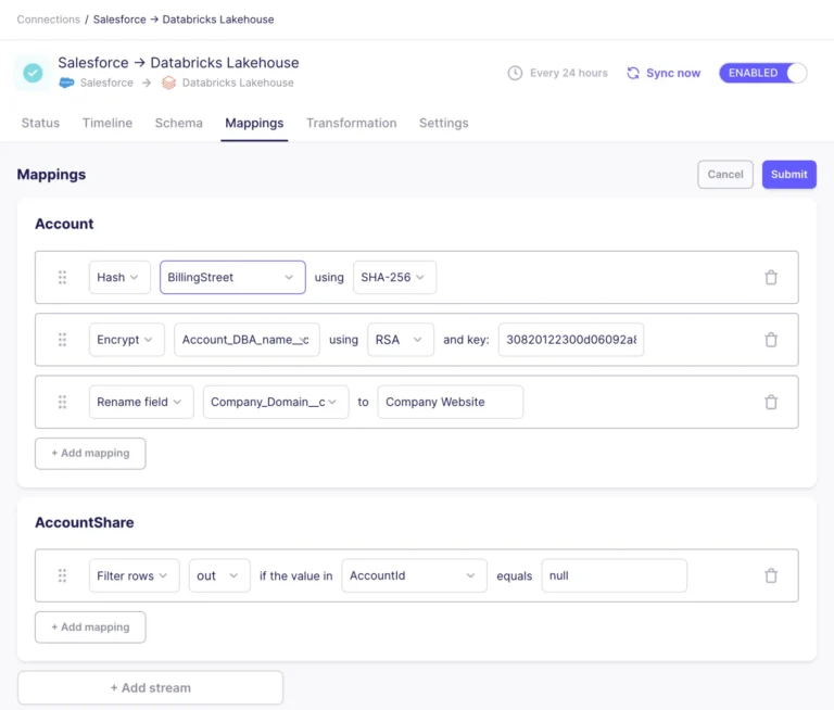 Écran Mappings d'une connexion Salesforce vers Databricks avec hachage SHA-256, chiffrement RSA, renommage et filtre