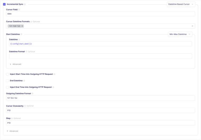 Réglages de synchronisation incrémentale dans le Connector Builder d'Airbyte avec champ curseur et format de date