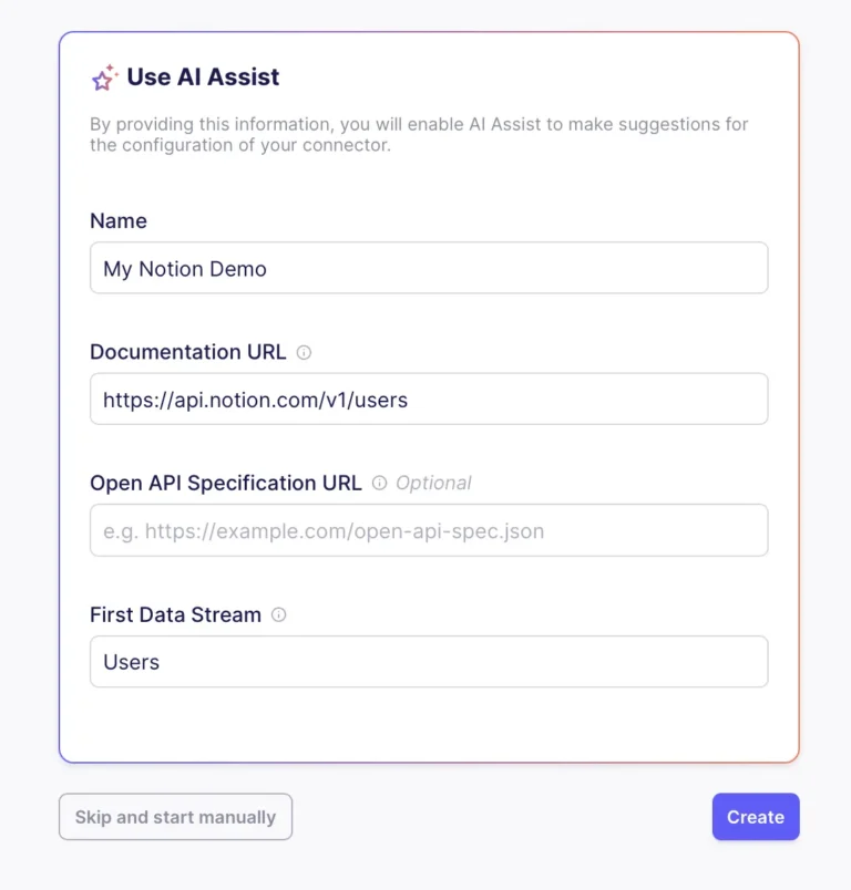 Formulaire de l'assistant IA du Connector Builder Airbyte avec URL de documentation d'API et premier flux