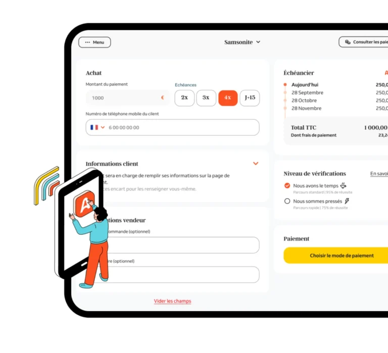 Interface magasin POS d'Alma : montant, choix 2x, 3x, 4x ou J+15, téléphone du client et échéancier