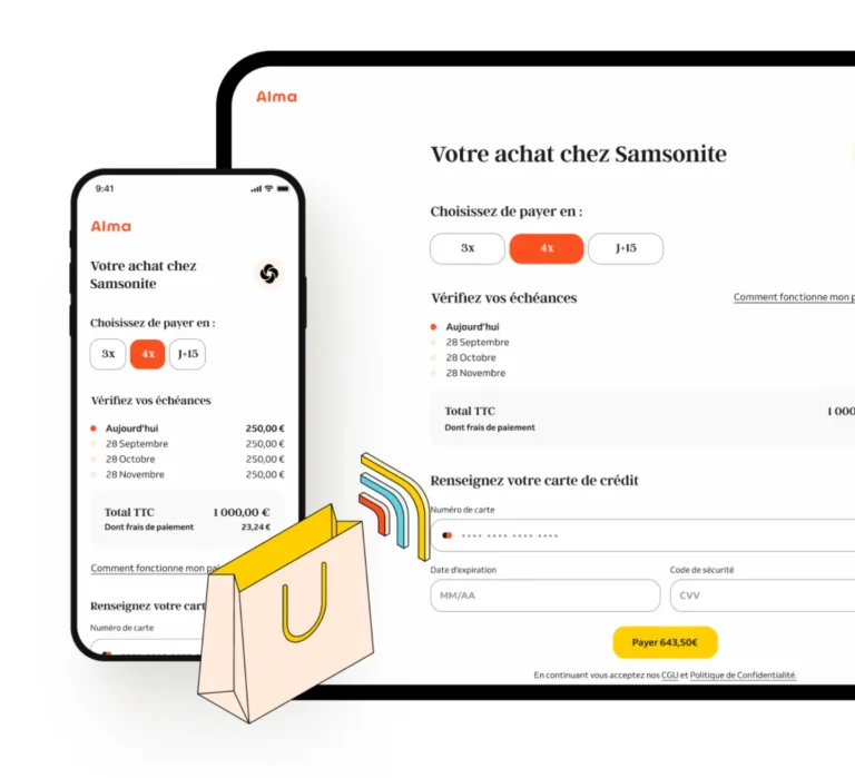 Page de paiement Alma sur ordinateur et mobile avec choix 3x, 4x ou J+15, échéances et saisie de la carte