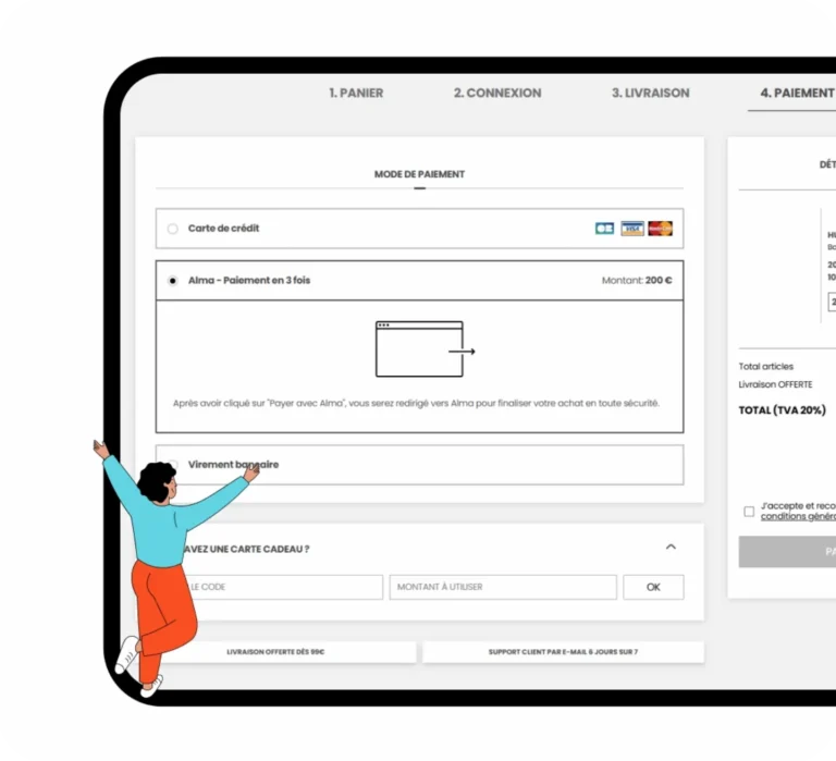 Option Alma paiement en 3 fois dans l'étape paiement d'un tunnel de commande e-commerce