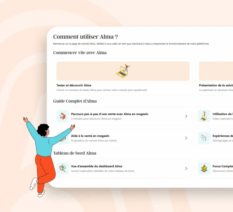 Page Comment utiliser Alma du tableau de bord : tutoriels de démarrage, guide vente en magasin et dashboard