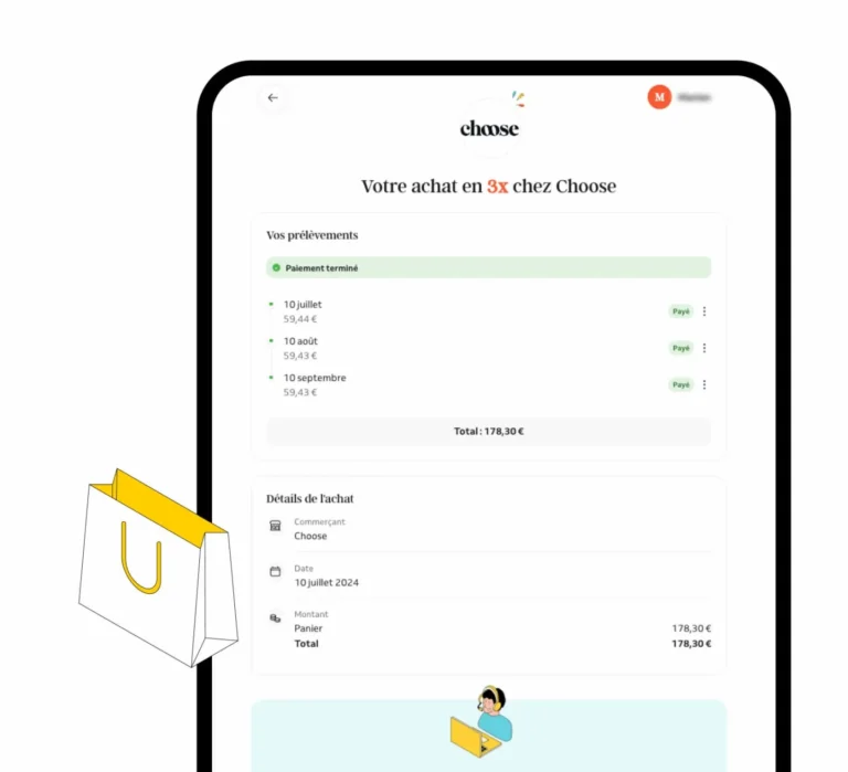 Espace client Alma : récapitulatif d'un achat en 3 fois avec prélèvements payés et détails de la commande