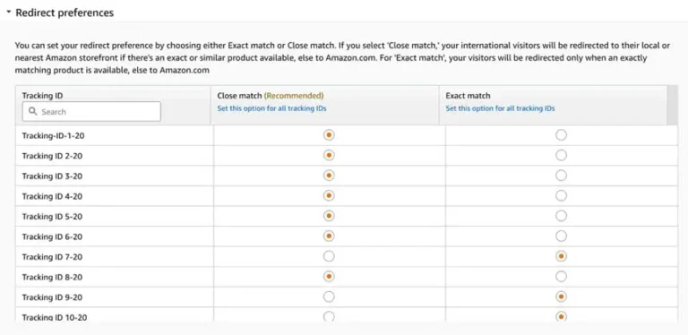 Préférences de redirection OneLink avec le choix correspondance proche ou exacte pour chaque ID de suivi