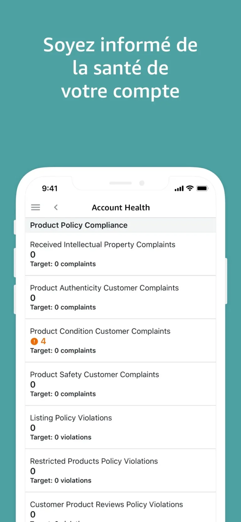 Écran Santé du compte de l'application Amazon Seller avec les plaintes et violations de politique par type